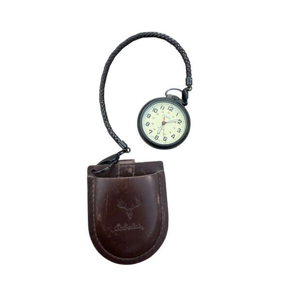 Cabela’s Pocket Watch With Leather Case Japan Movement Black/Brown Outdoor Gear - Picture 1 of 6